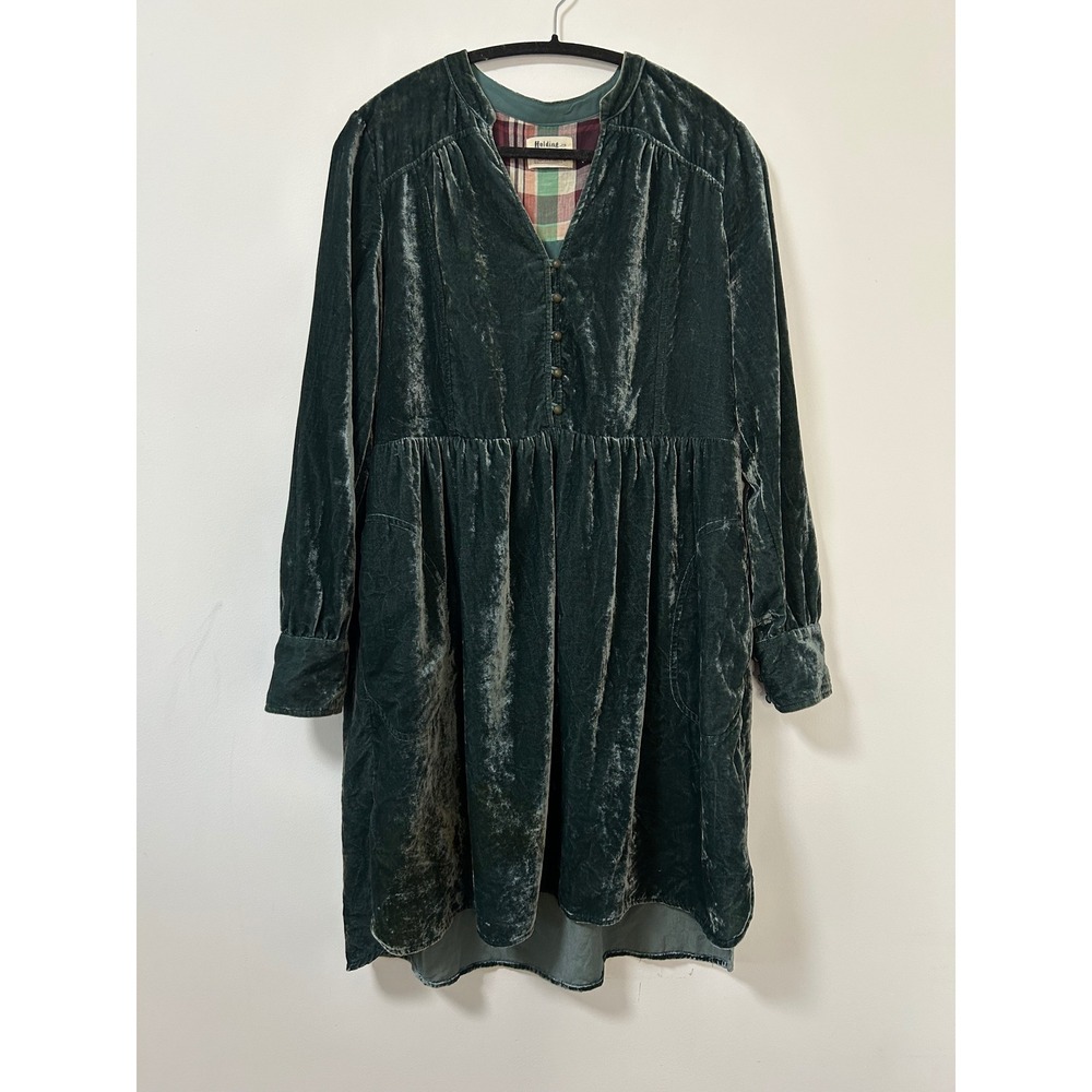Holding Horses Nantes Velvet V Neck Button Front Babydoll Dress Teal Green M